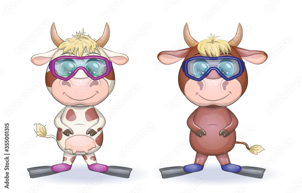 Cute cartoon cow, bull with glasses and fins for swimming, leisure concept 2021