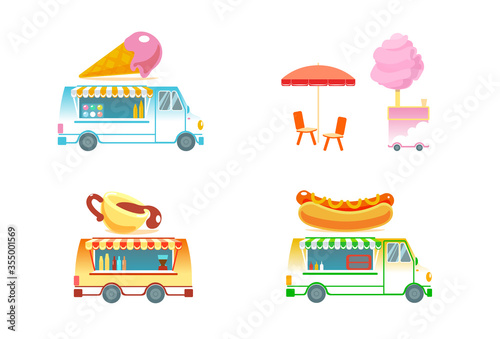 Set of food trucks vector isolated illustration. Hot dog, coffee cup, cotton candy, ice cream van. Holiday city park restaurants. Street food car. Ready takeaway meal cafe kiosks cartoon background