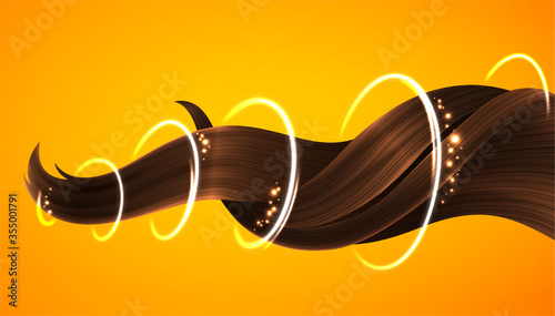 Shiny Healthy Brown Hair Lock with Glittering Effect. Bright Sparkling Curls with Light Waves. Vector Realistic 3d