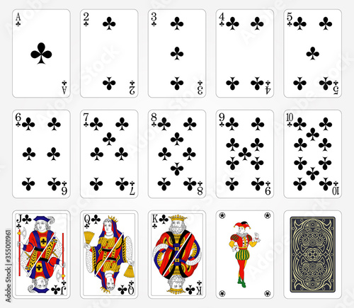 Playing cards of Clubs suit on a white background. Vector illustration. Original design.