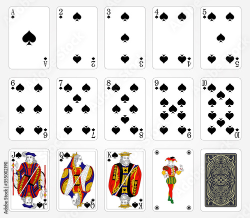 Playing cards of Spades suit on a white background. Vector illustration. Original design.