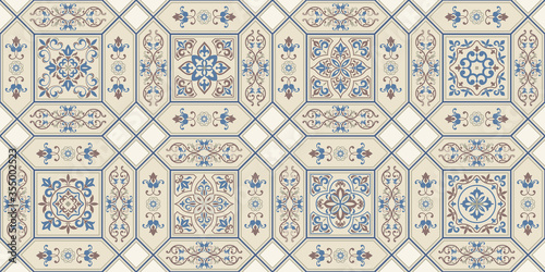 Seamless colorful patchwork in turkish style. Hand drawn background. Azulejos tiles patchwork. Portuguese and Spain decor. Islam, Arabic, Indian, ottoman motif. Perfect for printing on fabric or paper