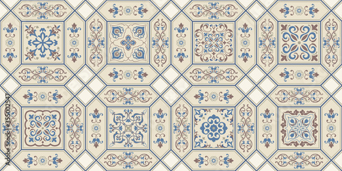 Seamless colorful patchwork in turkish style. Hand drawn background. Azulejos tiles patchwork. Portuguese and Spain decor. Islam, Arabic, Indian, ottoman motif. Perfect for printing on fabric or paper