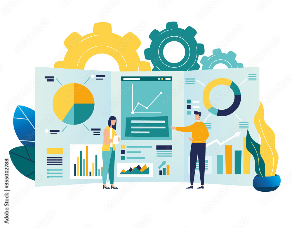 vector illustration of business, office workers are studying the infographic, the analysis of the evolutionary scale vector illustration of business, office workers are studying the infographic, the analysis of the evolutionary scale