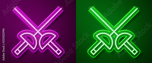 Glowing neon line Fencing icon isolated on purple and green background. Sport equipment. Vector Illustration