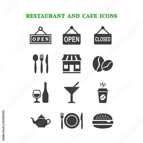 Restaurant and cafe icons set on white background.