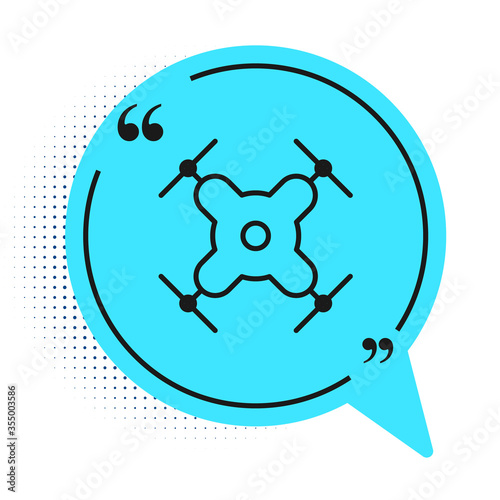 Black line Drone flying icon isolated on white background. Quadrocopter with video and photo camera symbol. Blue speech bubble symbol. Vector Illustration