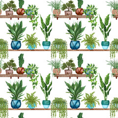 Keuken achterwand Planten in pot patronen Aquarel groene kamerplanten in terracotta  © BarvArt
