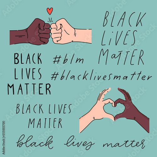 Black lives matter hand written lettering collection. Hashtag blm stylised text set. Black and white hands together. Campaign against racial discrimination of dark skin color. Vector Illustration.