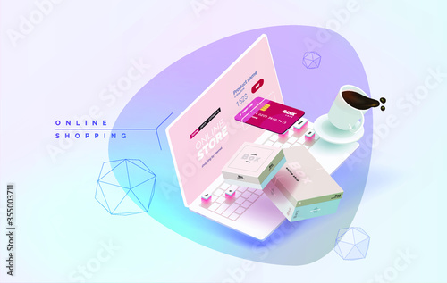 Online shopping. Laptop on a table with flying elements, boxes, poraki, shopping bag. Purchase and delivery of goods online. Online shop. Modern vector illustration isometric style. photo