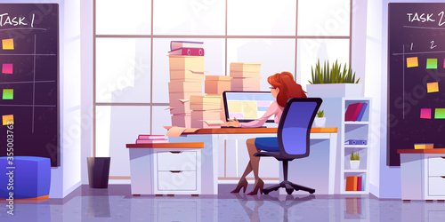 Woman working at office sitting at desk with computer and piles of paper documents front of wide floor-to-ceiling window with cityview. Workplace interior with task boards, Cartoon vector illustration