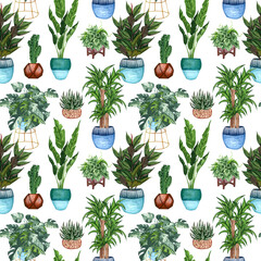 Keuken achterwand Planten in pot patronen Aquarel kamerplanten decoratief patroon  © BarvArt
