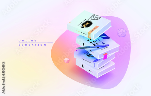 A scattered pile of books. Workspace for online learning. Online education. Learning at home. Modern vector illustration isometric style.
