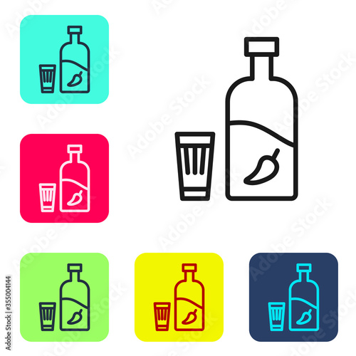 Black line Vodka with pepper and glass icon isolated on white background. Ukrainian national alcohol. Set icons in color square buttons. Vector Illustration