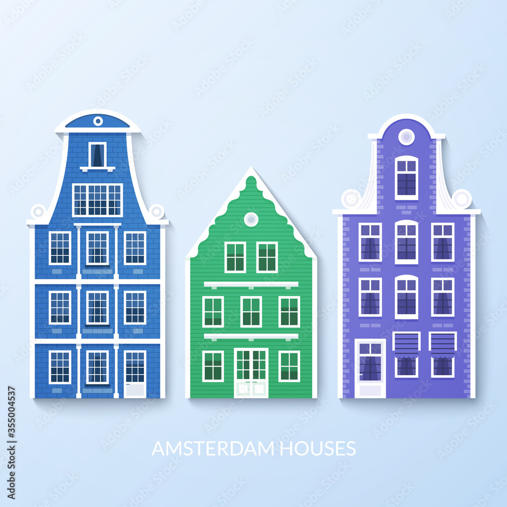 Set of Amsterdam houses in colorful Scandinavian Style.  Typical dutch view at Netherlands. Design elements vector illustration