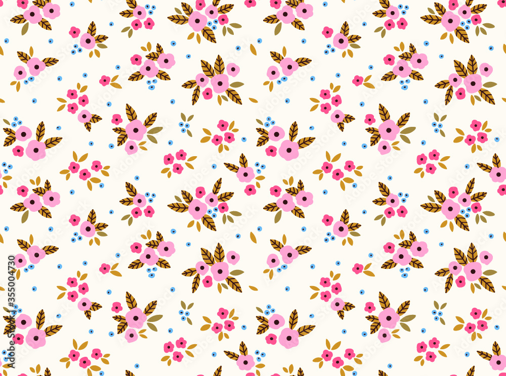Cute floral pattern in the small flower. Ditsy print. Motifs scattered random. Seamless vector texture. Elegant template for fashion prints. Printing with small pink flowers. White background. Cute floral pattern in the small flower. Ditsy print. Motifs scattered random. Seamless vector texture. Elegant template for fashion prints. Printing with small pink flowers. White background.