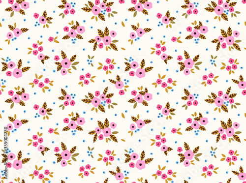 Cute floral pattern in the small flower. Ditsy print. Motifs scattered random. Seamless vector texture. Elegant template for fashion prints. Printing with small pink flowers. White background.