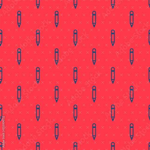 Blue line Pencil with eraser icon isolated seamless pattern on red background. Drawing and educational tools. School office symbol. Vector Illustration