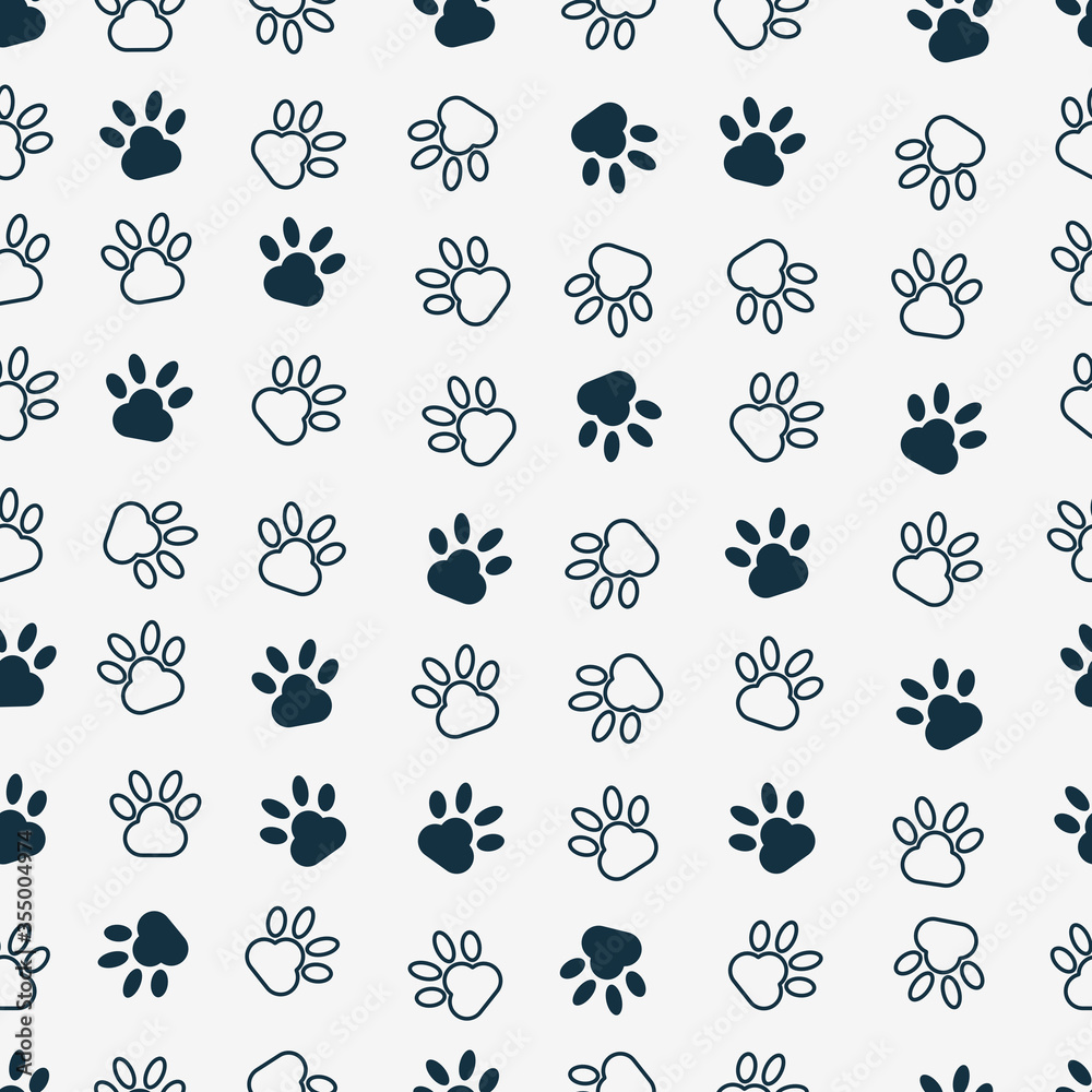 Fototapeta premium Seamless vector illustration. Modern art of dog’s paws. Grey background.