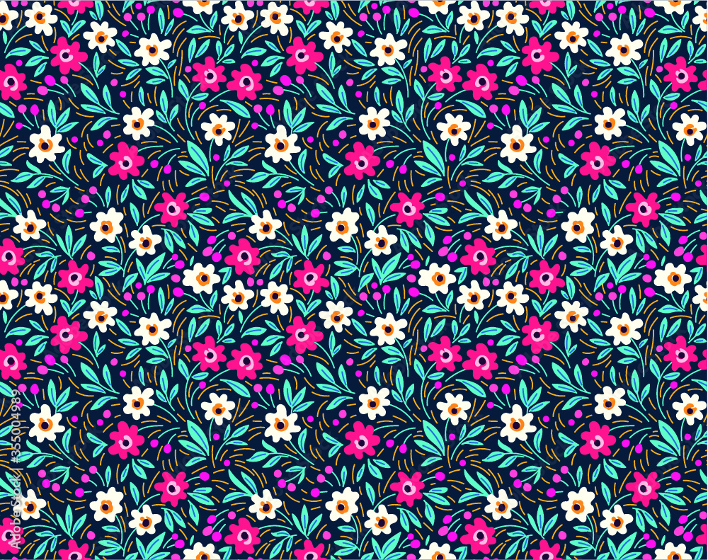 Fototapeta premium Floral pattern. Pretty flowers on dark blue background. Printing with small colorful flowers. Ditsy print. Seamless vector texture. Spring bouquet.
