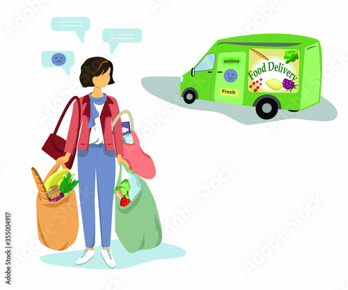 Woman with heavy bags in her hands thinking about advantages of shopping online.