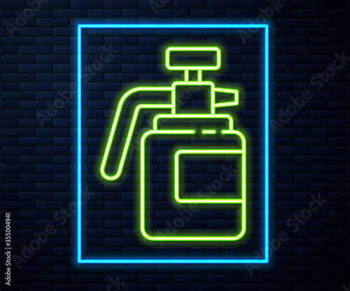 Glowing neon line Garden sprayer for water, fertilizer, chemicals icon isolated on brick wall background. Vector Illustration