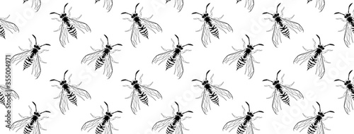 Dark gothic asp insect seamless wallpaper. Dangerous design for textile, fabric texture. Black line bugs cover on white backdrop. Vector Bumblebee drawing web banner. Wild Nature graphic print © Prostorina