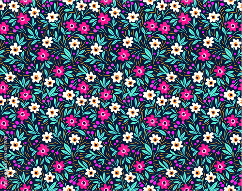 Floral pattern. Pretty flowers on dark blue background. Printing with small colorful flowers. Ditsy print. Seamless vector texture. Spring bouquet.