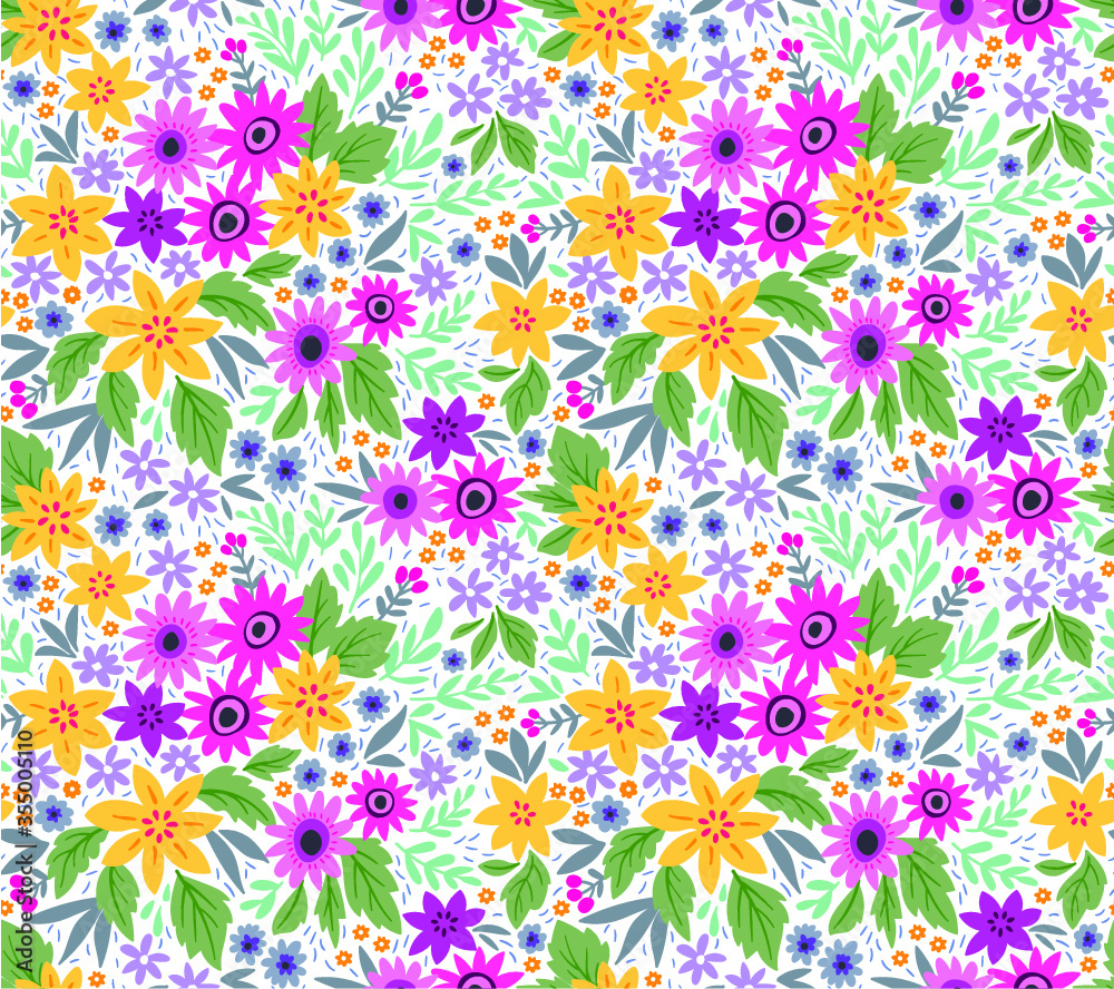 Trendy seamless vector floral pattern. Endless print made of small purple and yellow flowers, leaves and berries. Summer and spring motifs. White background.Vector illustration.