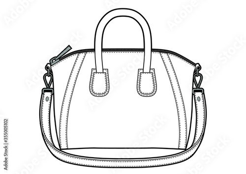 Vector illustration of women's classic leather bag. Black and white sketch.