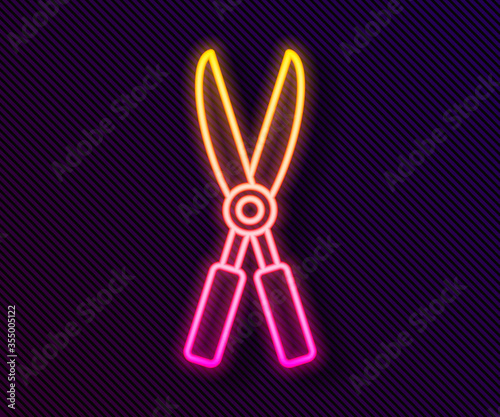 Glowing neon line Gardening handmade scissors for trimming icon isolated on black background. Pruning shears with wooden handles. Vector Illustration