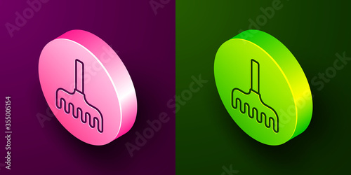 Isometric line Garden rake icon isolated on purple and green background. Tool for horticulture, agriculture, farming. Ground cultivator. Circle button. Vector Illustration