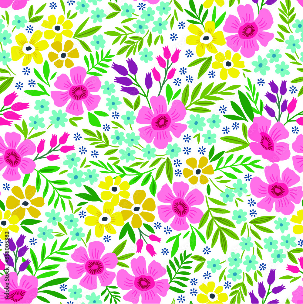 Trendy seamless vector floral pattern. Endless print made of small pink and yellow flowers, leaves and berries. Summer and spring motifs. White background.Vector illustration.