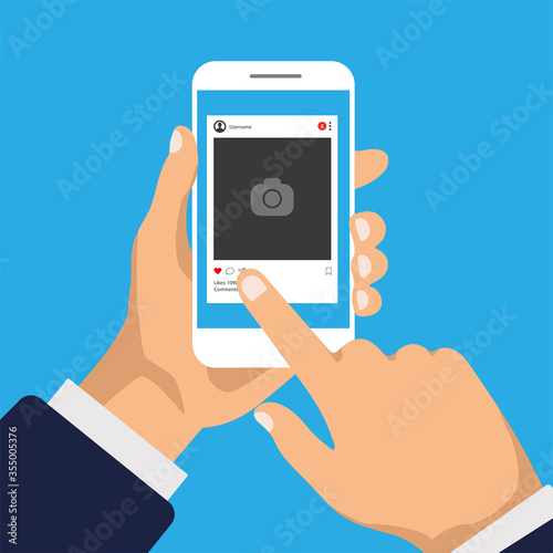 Vector social networks on a smartphone display. Interface template for mobile app. Hand holds phone and click on a button. Flat design photo frame illustration.