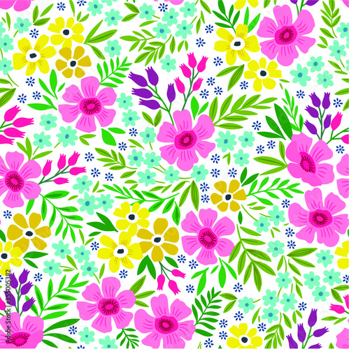 Trendy seamless vector floral pattern. Endless print made of small pink and yellow flowers  leaves and berries. Summer and spring motifs. White background.Vector illustration.