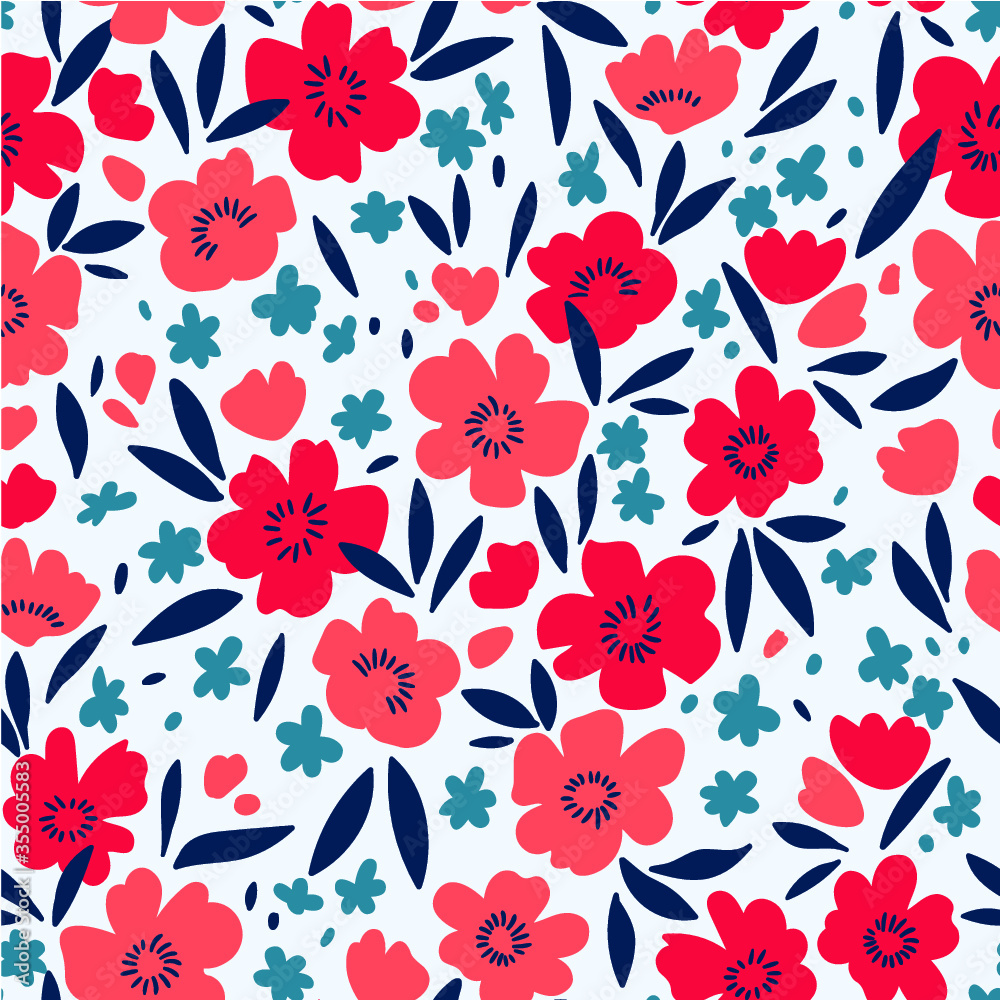 Elegant floral pattern in small bright red flower. Liberty style. Floral seamless background for fashion prints.