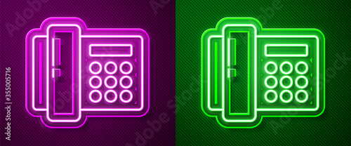Glowing neon line Telephone icon isolated on purple and green background. Landline phone. Vector Illustration