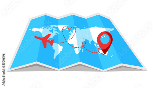 Air plane flight route with start point and dash line trace. World travel map with pinpoint on it. Romantic travel, heart dashed path on world map background. Vector illustration.