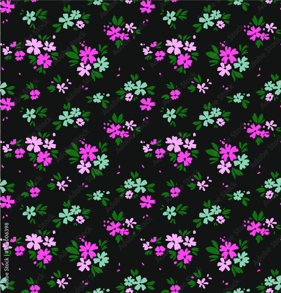 Seamless floral pattern for design. Small pink flowers. Dark background. Modern floral texture. The elegant the template for fashion prints.