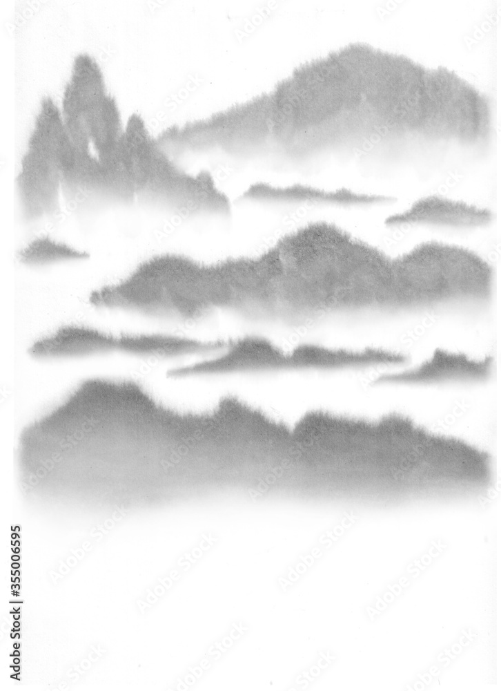 Background with mountains. Ink mountain landscape. Mountains in the fog.Traditional oriental ink painting. Style of mountain, water. Black and white image. Chinese, japanese traditional style.