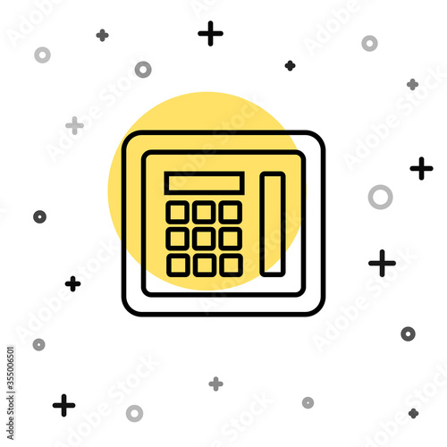Black line Safe icon isolated on white background. The door safe a bank vault with a combination lock. Reliable Data Protection. Random dynamic shapes. Vector Illustration
