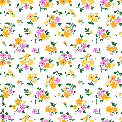Cute floral pattern in the small flower. Ditsy print. Seamless vector texture. Elegant template for fashion prints. Printing with small yellow and pink flowers. White background.