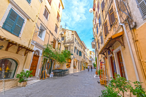 CORFU, GREECE, July 9, 2019 : The colourful houses in the streets of Corfu Town, Corfu, Greece