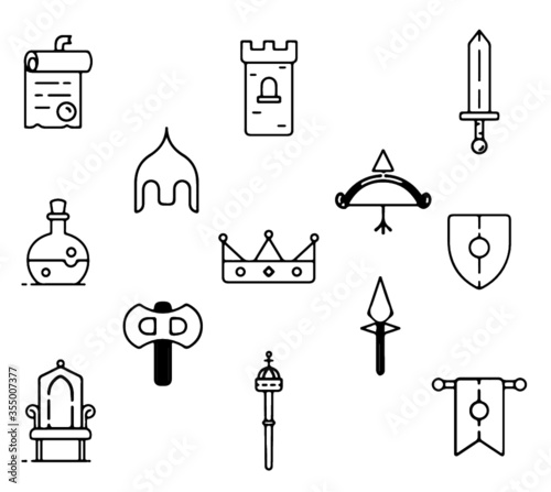 Set of vector icons, fantasy medieval  minimalistc pack.  photo