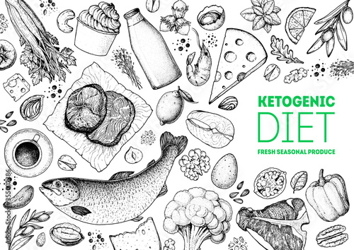 Ketogenic diet sketch. Food illustration. Hand drawn vector illustration. Organic food diet. Good food illustration. Design elements. Hand drawn sketch. Various food frame. Organic food store concept.