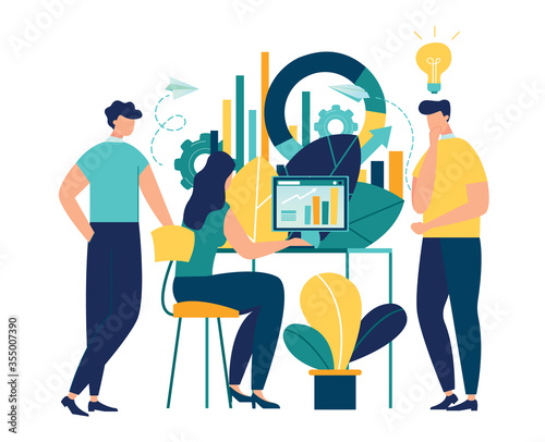 Vector creative illustration of business graphics, the company is engaged in the joint construction of column graphs, the rise of the career to success, flat color icons, business analysis 