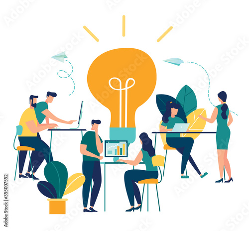 vector illustration, online assistant at work. promotion in the network. manager at remote work, searching for new ideas solutions, working together in the company, brainstorming