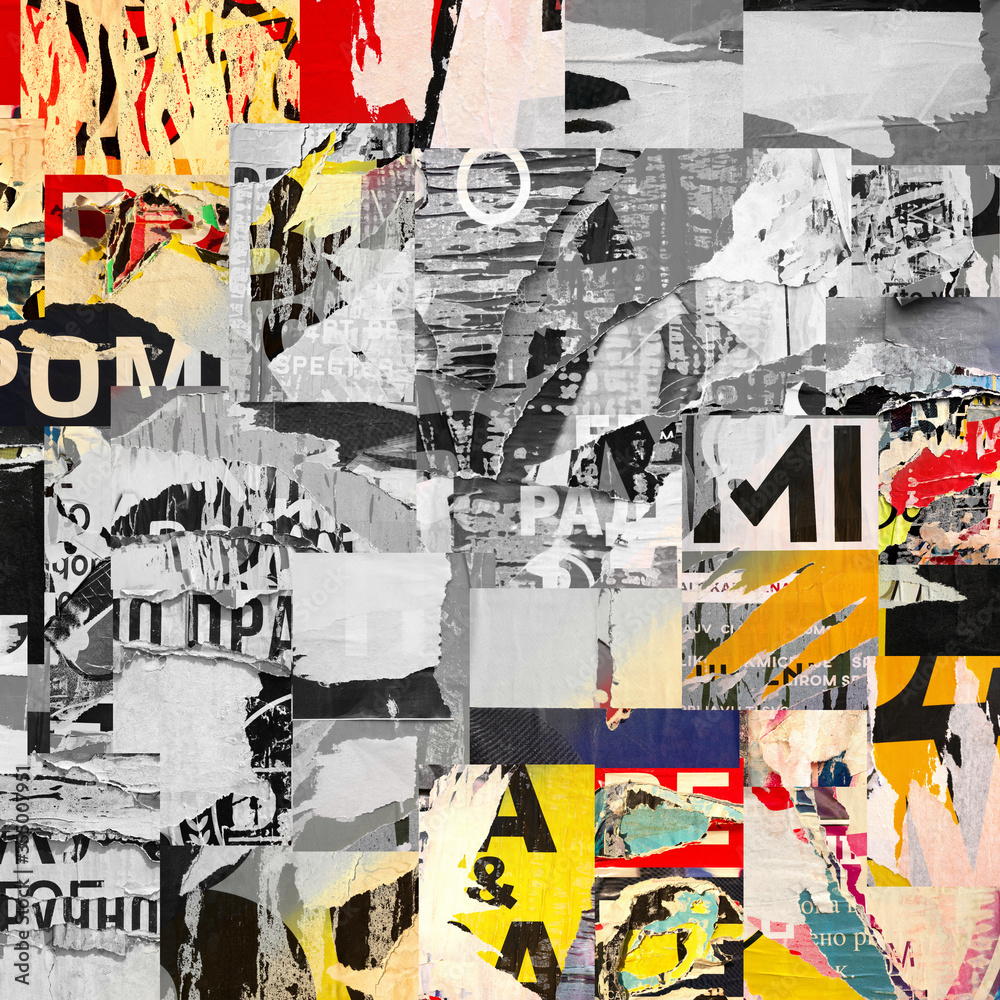 Fototapeta premium Kolaż wielu cyfr i liter zgranych podarte reklamy uliczne plakaty grunge pognieciony zmięty papier tekstura tło afisz powierzchnia tła