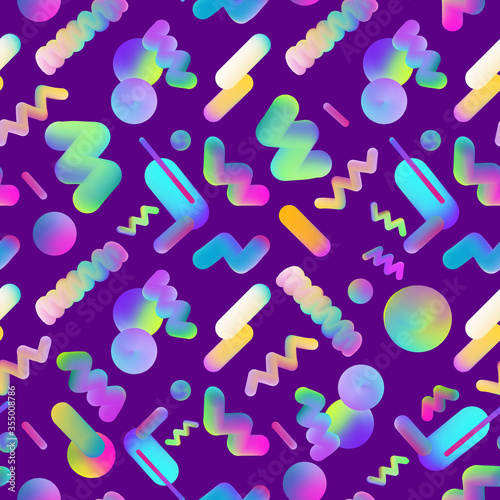 Funny abstract seamless pattern in retro memphis style. Trendy colorful fluid elements with holographic effect. Geometric decoration for wrapping, branding identity, graphic design.