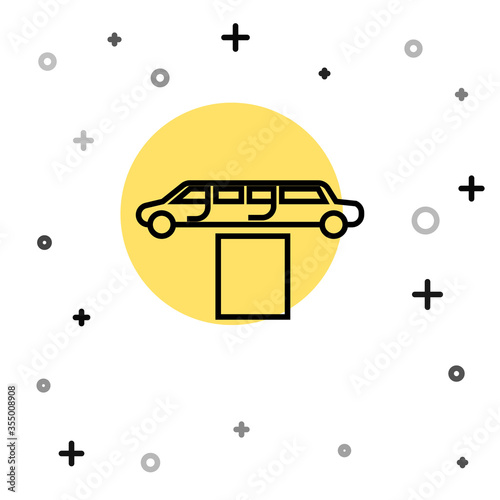 Black line Luxury limousine car and carpet icon isolated on white background. For world premiere celebrities and guests poster. Random dynamic shapes. Vector Illustration